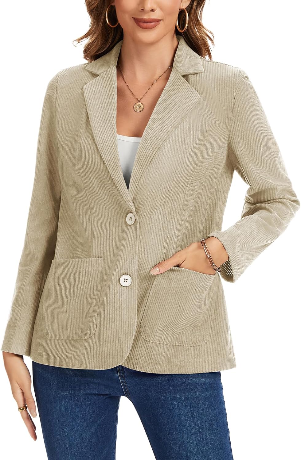 Women's Corduroy Blazers Casual Long Sleeve Notch Lapel Work 2-Button Open Front Blazer Jackets Pockets - Image 2