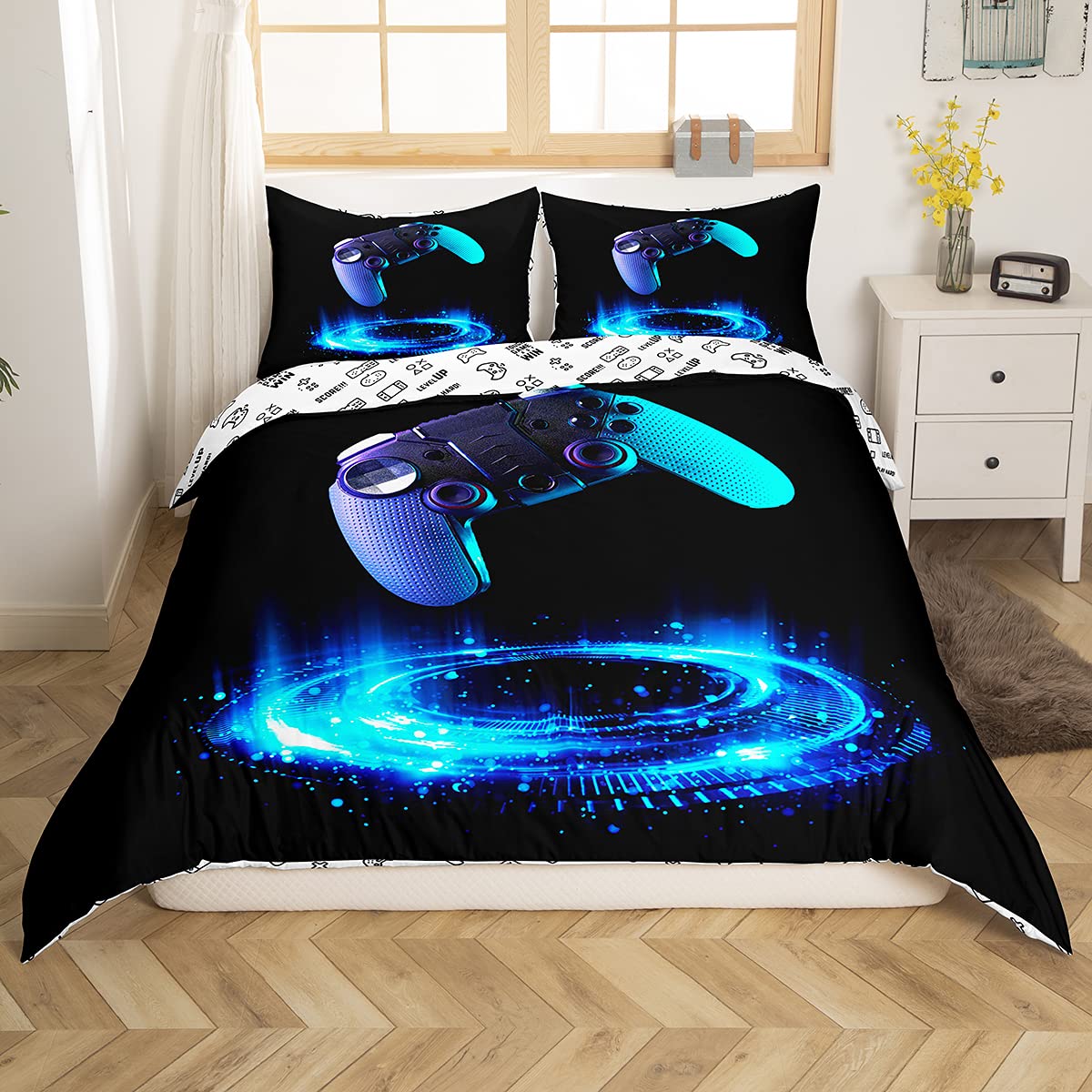 Loussiesd Boys Gamer Duvet Cover Video Game Gamepad Bedding Set for Kids Teens Adults Geometric Circle Comforter Cover Game Controller Bedspread Cover Bedroom Collection 3Pcs King,Black,Blue