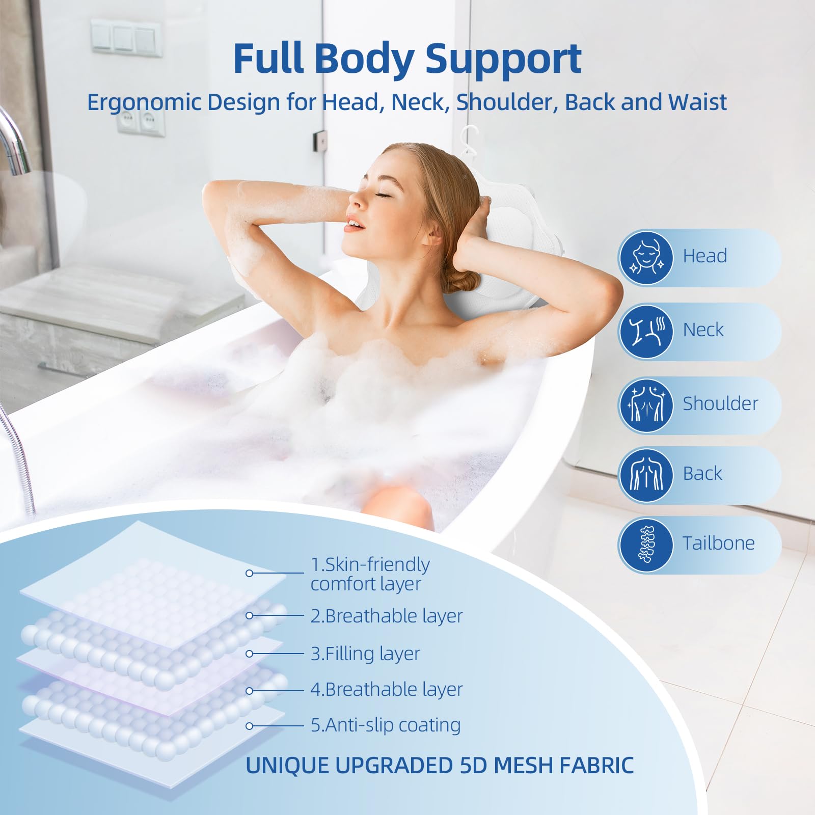 Coussin de Bain pour Tout Le Corps,Tapis de Baignoire épais avec Coussin pour Femmes,Tapis de Baignoire épais avec 16 Ventouses Coussin de Baignoire pour la Tête,la Nuque,Les épaules