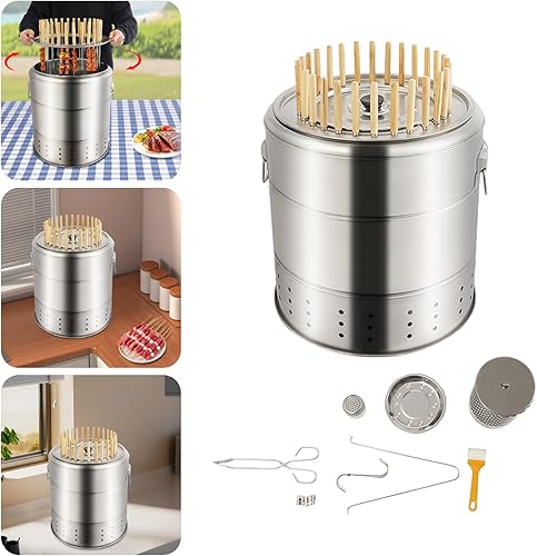 Miniatura 4 de Barbacoa portátil de carbón para barbacoa, parrilla de carbón envolvente sin humo de acero inoxidable con 28 pinchos, para picnic, camping, viajes,