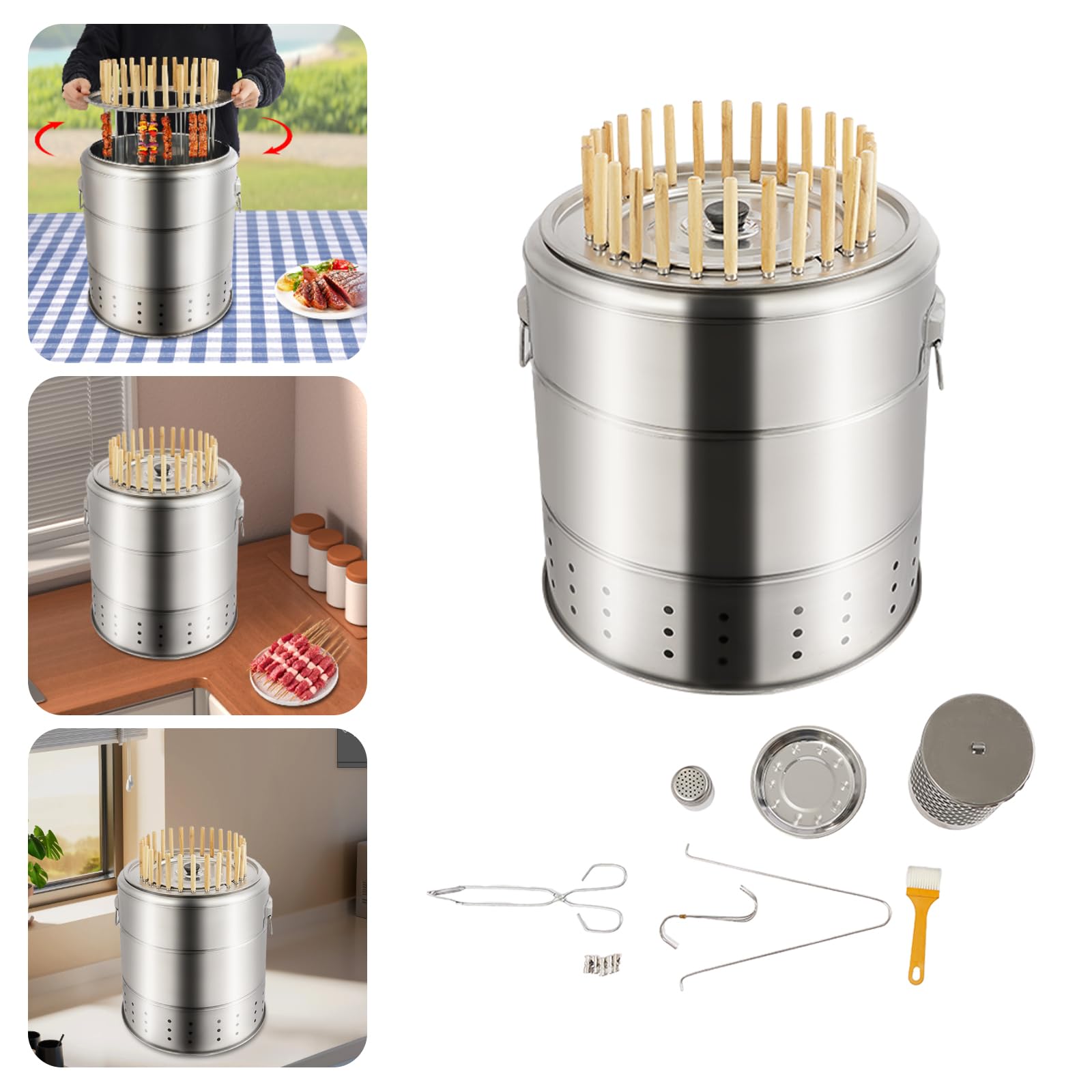 Griglia portatile a carbone in acciaio inossidabile senza fumo Affumicatore verticale a 360° for 6-10 persone barbecue all'aperto campeggio