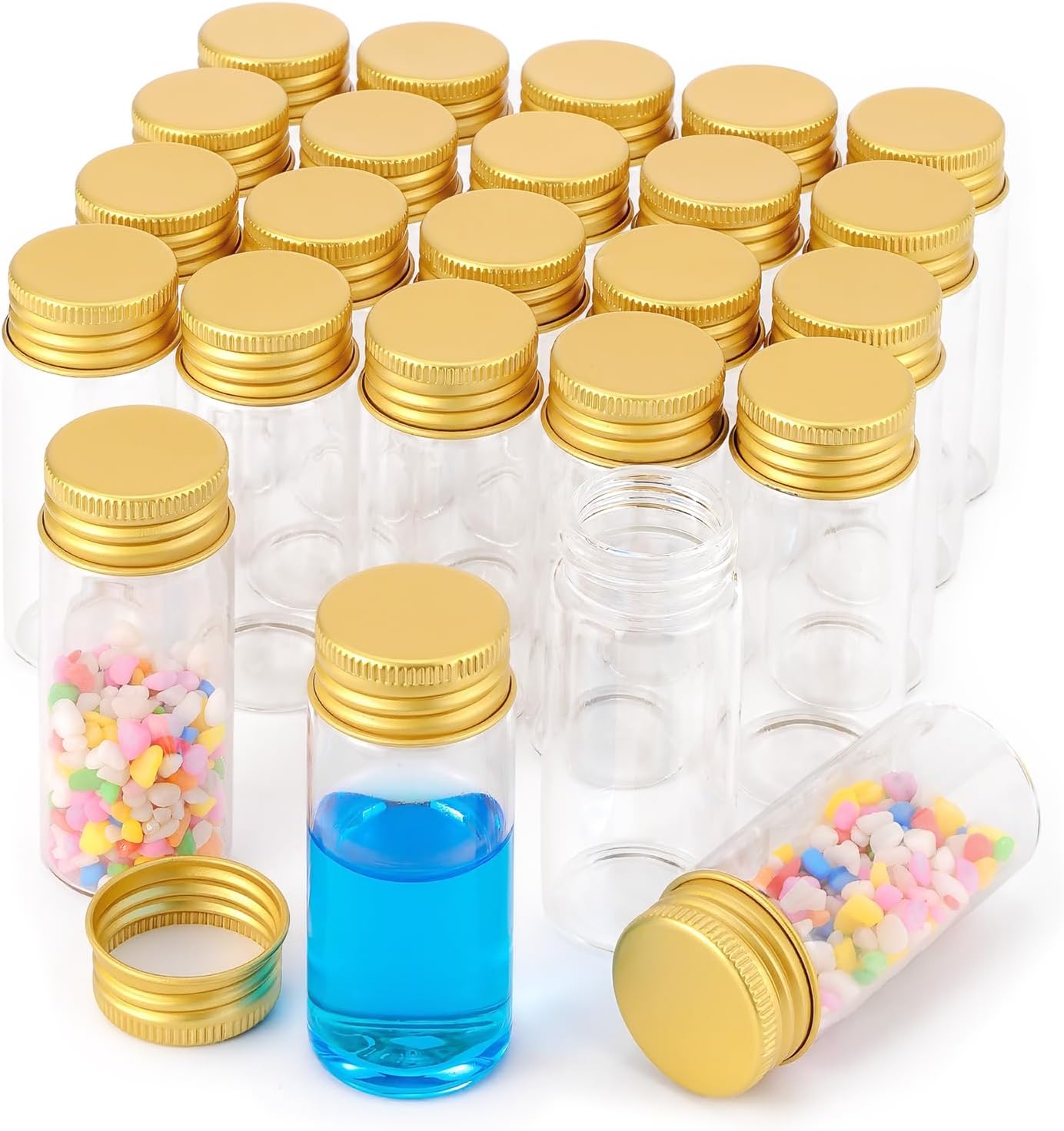 24 Pack 30mL Small Glass Vials with Golden Screw Caps | 1oz Leak Proof Reusable Mini Sample Bottles for Essential Oils Perfume DIY Craft Lab Use Wedding Decoration