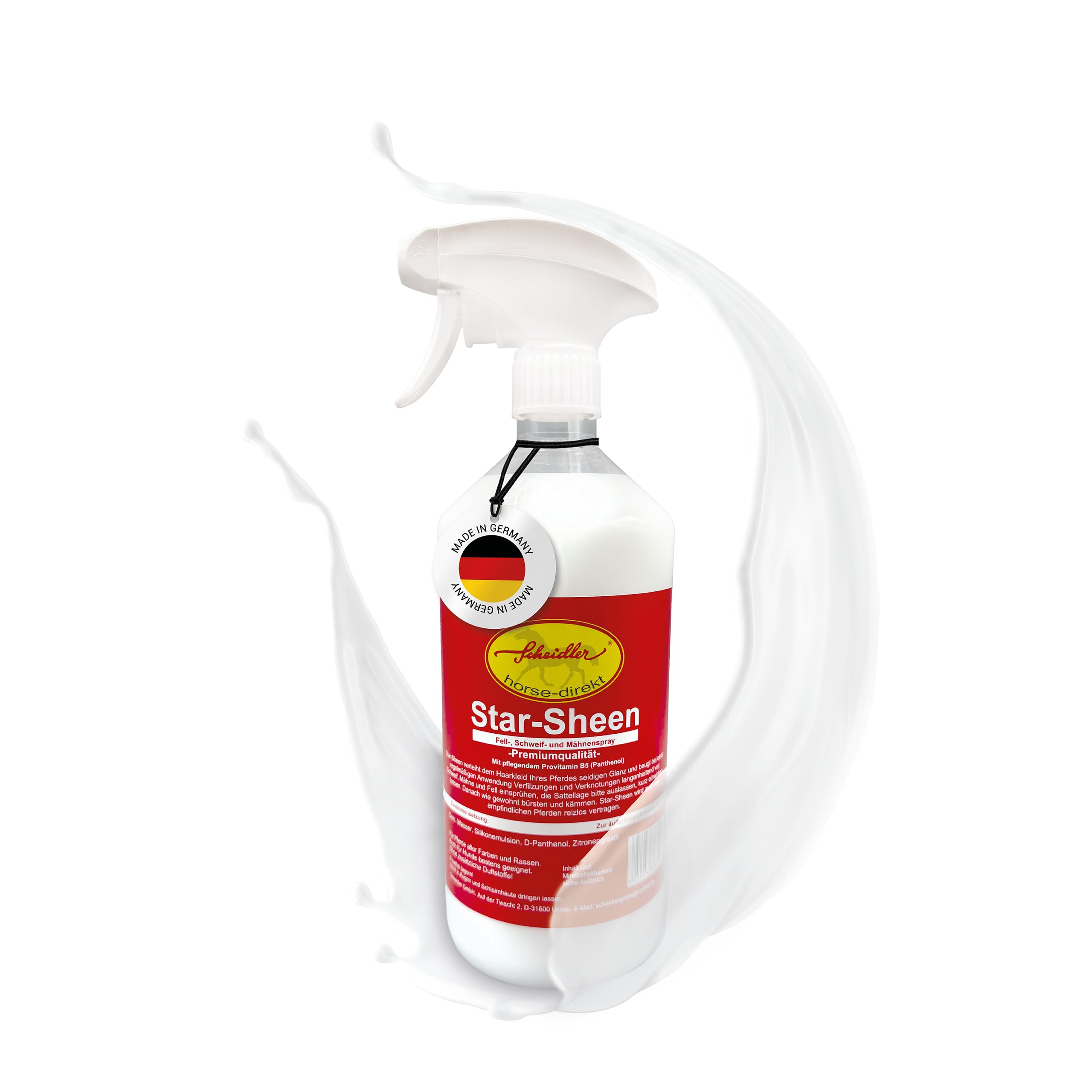Scheidler horse-direkt Star-Sheen Mähnenspray für Pferde 1000ml – Langanhaltendes Schweifspray für brillanten Glanz - Leichtes Kämmen & Fellpflege – Natürliches Glanzspray Made in Germany