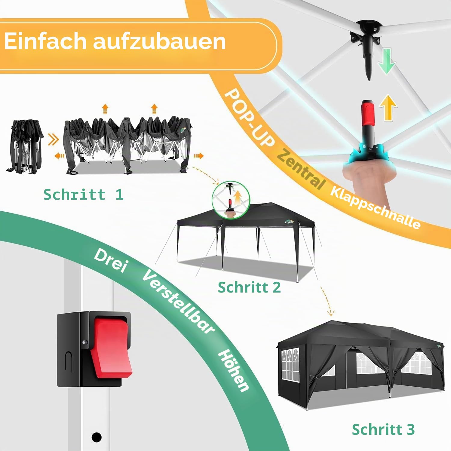 COBIZI Faltpavillon 3x6m Pavillon Wasserdicht Stabil Partyzelt Faltbar | 3 Höhen, Tente de réception d’extérieur avec 6 parois latérales anti-UV pour mariage, extérieur, jardin, fête et marché