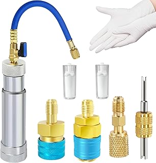AC Oil Injector for R1234yf R134a R410a, AC Dye Injector with Shut-Off Valve, 1234yf Dye Injector with Backflow Prevention Function, AC Dye Oil Injector Kit with R1234yf R134a Couplers R410a Adapter