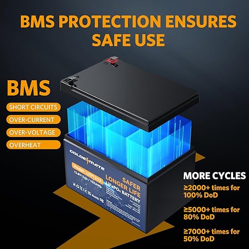 Miniatura 4 de GOLDENMATE Batería de litio LiFePO4 de 12 V y 12 Ah, batería recargable de más de 5000 ciclos profundos, BMS de 12 A, fosfato de hierro de litio