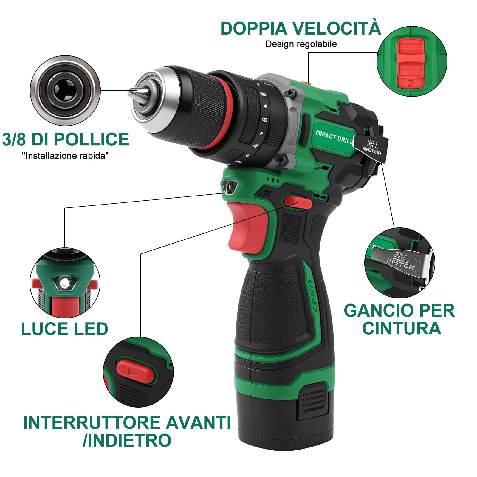 Trapano Avvitatore Batteria Percussione, 16,8V 50Nm Max Trapano Avvitatore A Batteria Elettrico Cacciavite Con 2 Batterie 2.0ah, Led Luce, Velocità Regolabile 450/1600 RPM per riparazione e fai da te