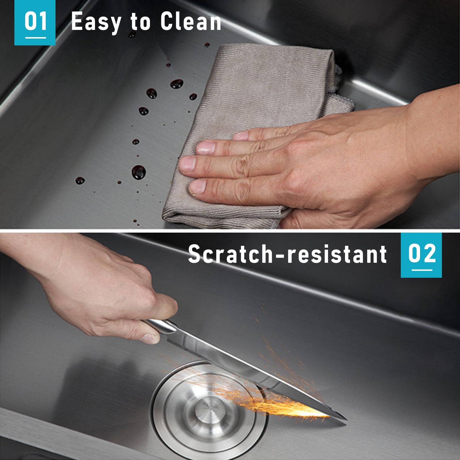 Lavello Cucina in Acciaio Inox 80 cm, Lavello da Incasso a 3 Fori con 1 Vasca, Set Completo con Rubinetto Estraibile, Lavabicchieri e Kit di Scarico (Grigio Scuro, 80 x 50 cm)