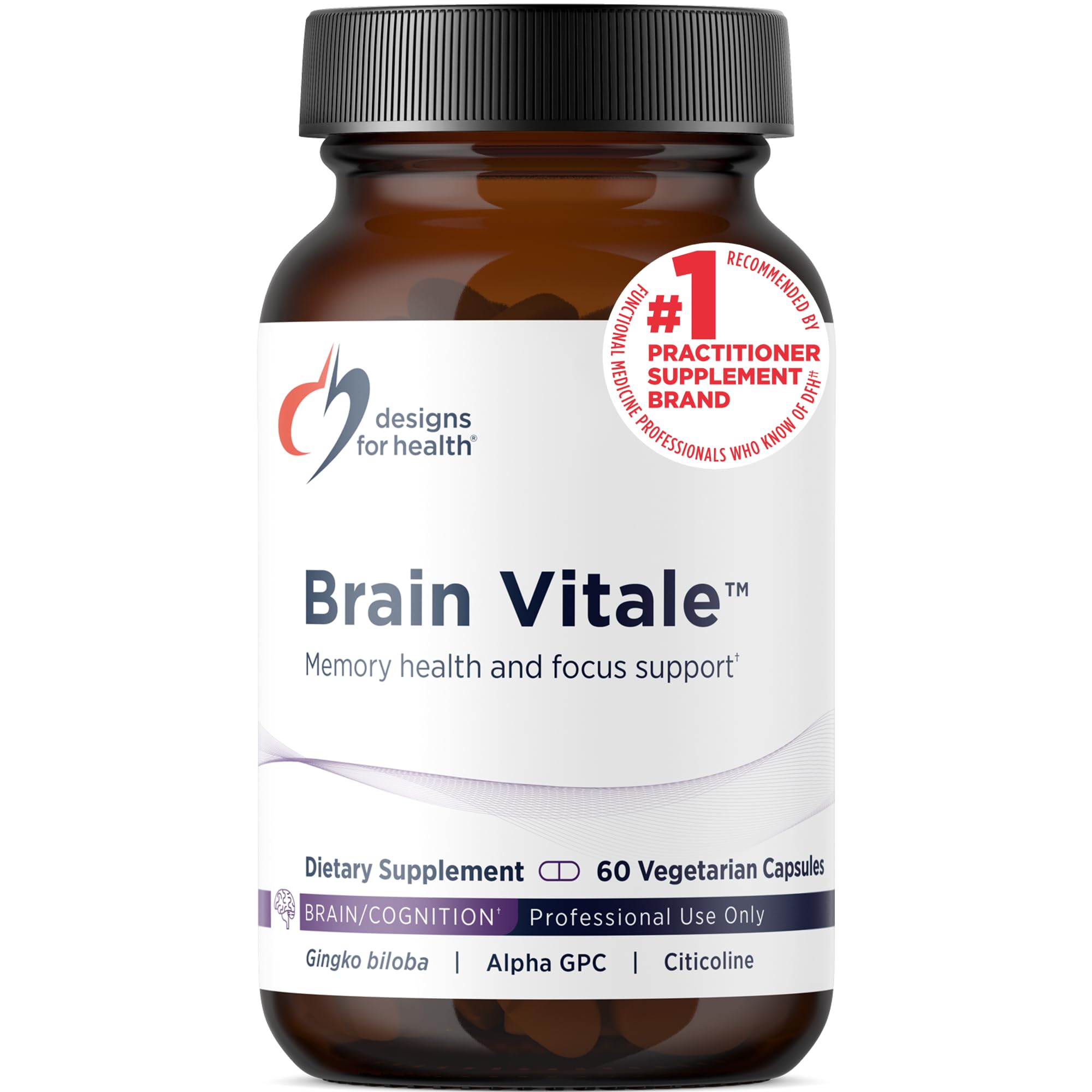 Designs for Health Brain Vitale with Cognizin Citicoline - 'Nootropic' Supplement to Help Support Cognition, Mood + Memory with GPC Choline, Ginkgo + Acetyl L Carnitine HCL (60 Capsules)