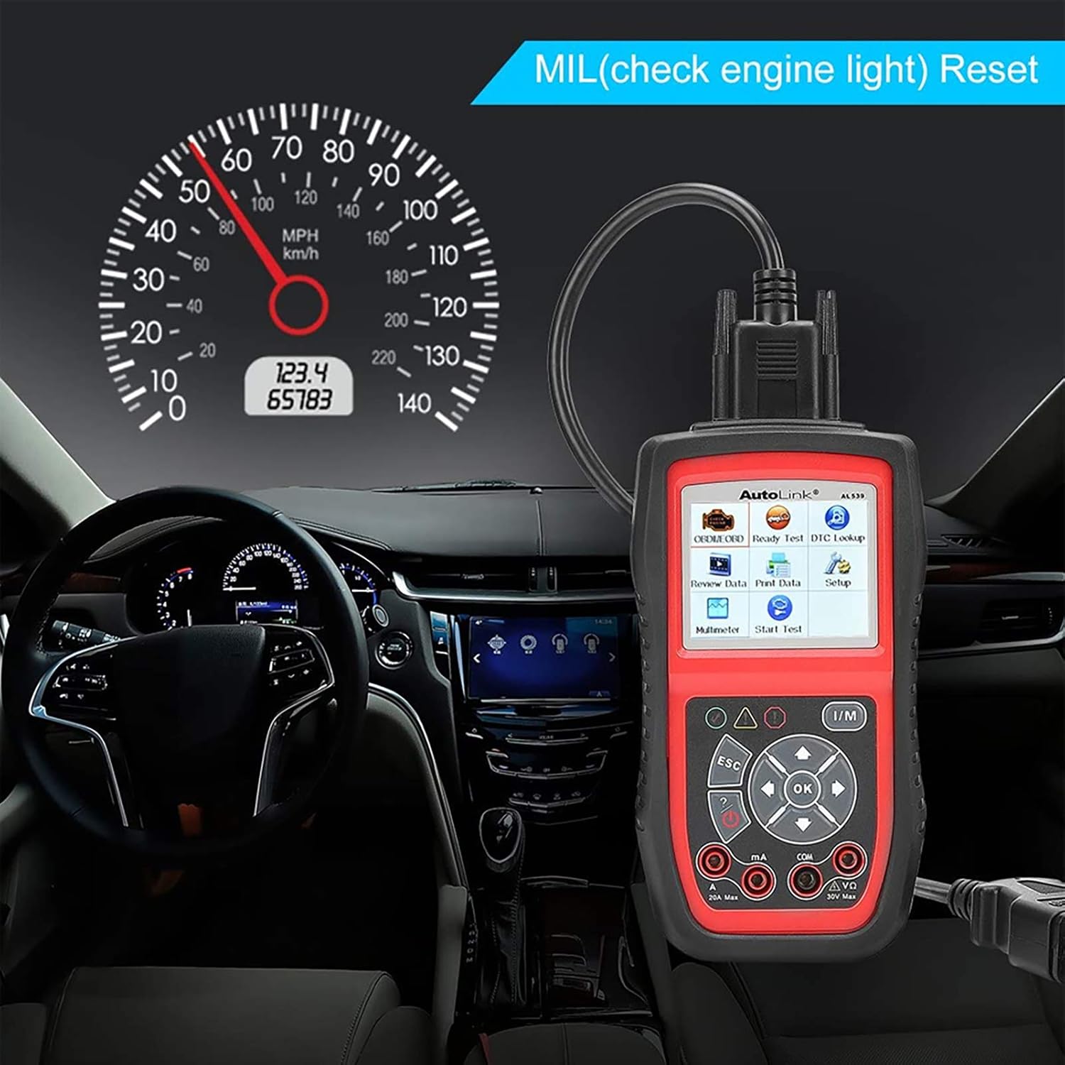 Autel AutoLink AL539 connected to vehicle OBDII port