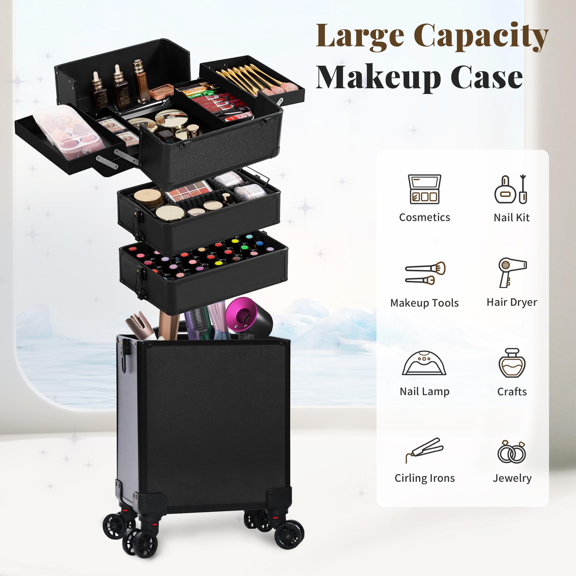 JINGUAN Profesional Rolling Makeup Train Case with Lid, 5 in 1 Cosmetology Case on Wheels, Large Cosmetic Trolley Organizer Travel for Hairstylist Artist Nail Beauty Salon Barber, Gravel Purple: Black 5 in 1