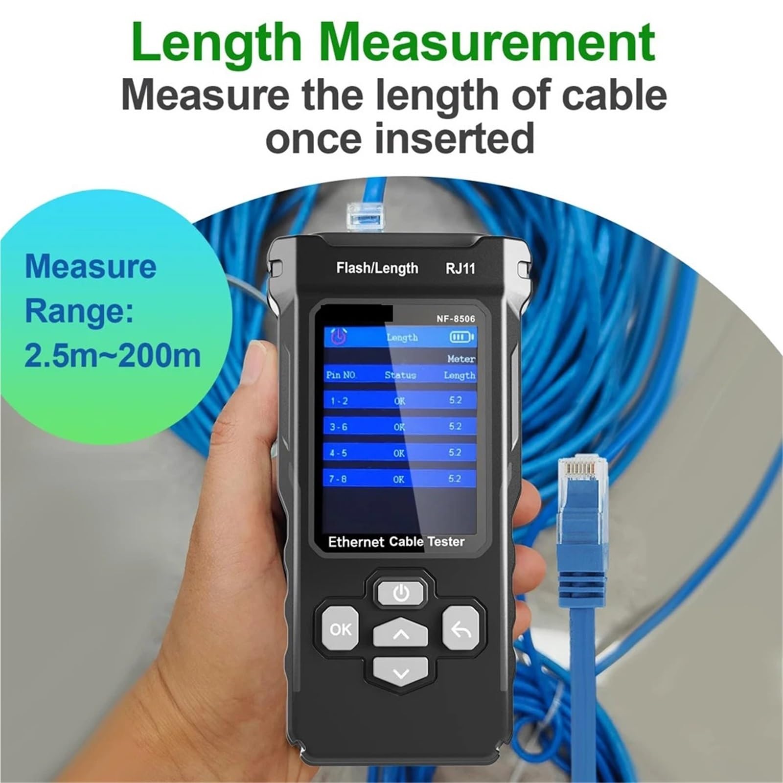 Tester for cavi di rete, supporto for tracciamento, test PING/scansione IP/misura PoE, lunghezza, tester for mappatura, strumenti
