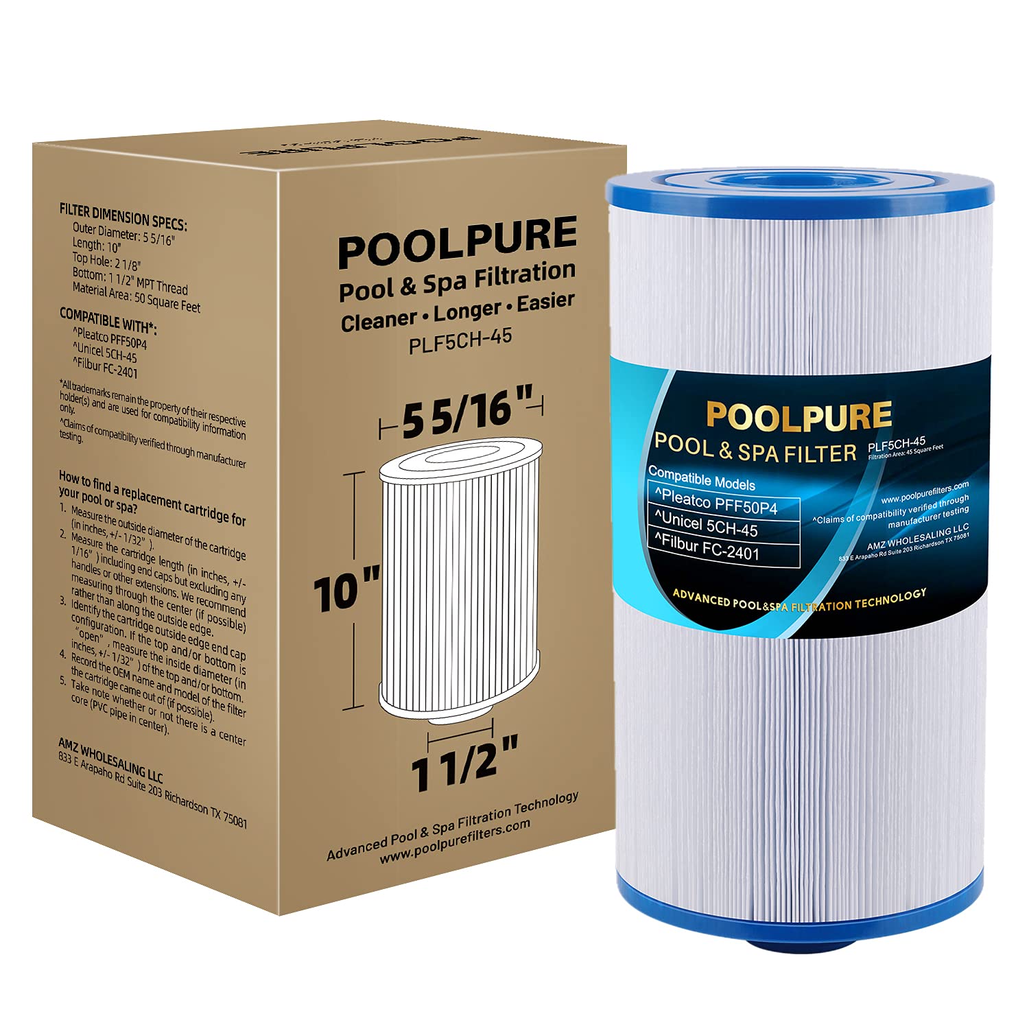 POOLPURE Replacement Filter for PFF50P4, Unicel 5CH-45, Filbur FC-2401, Baleen AK-90108, Legend 090164055428, PFF50 W/PAD, PFF50-PAD4, PFF50P, SD-00363, 45 sqft Filter Cartridge