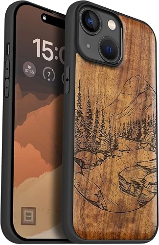 Carveit Funda magnética de madera para iPhone 15 madera maciza y TPU suave negro a prueba de golpes, funda de madera única compatible con Magsafe