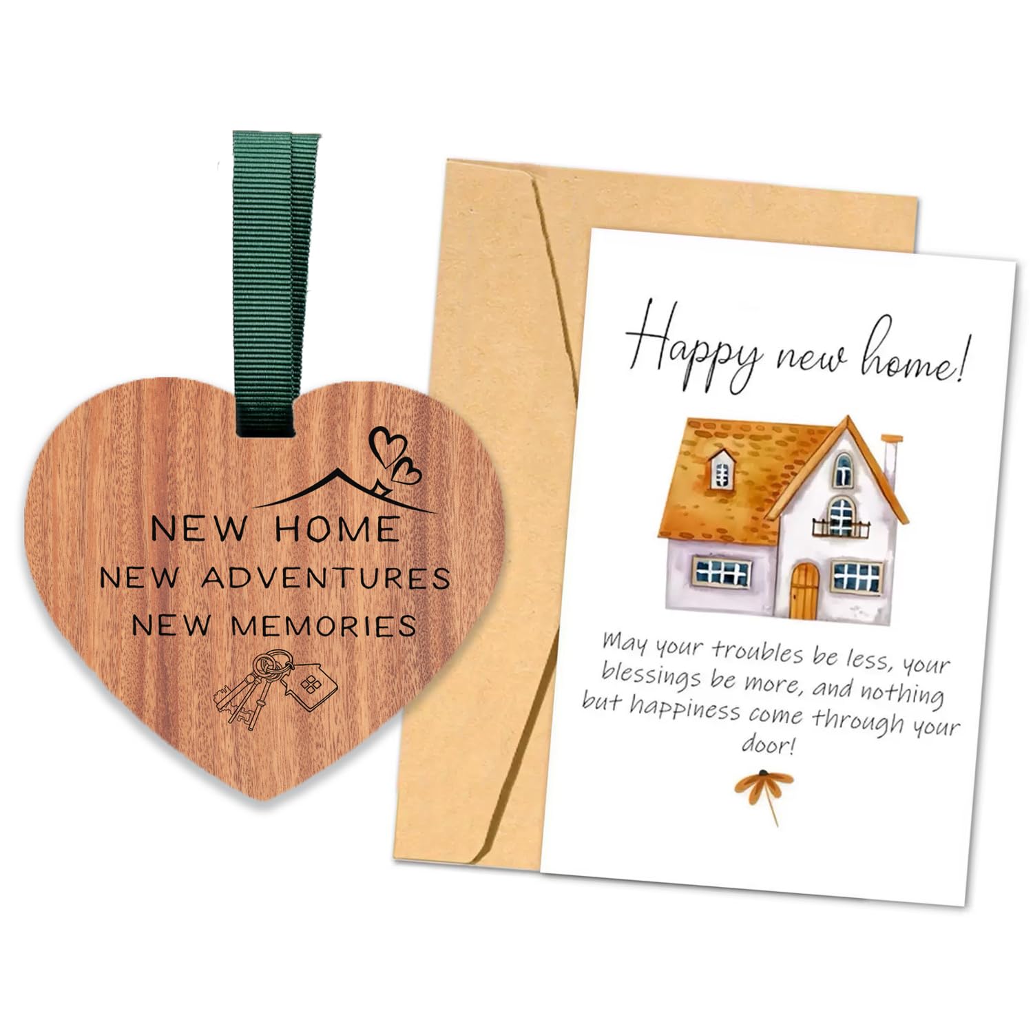 New Home Ornament, Wooden Pendant New House Congratulations with Greeting Card Present Adventure Happy Home Gifts Friends House Owners Christmas (Heart)