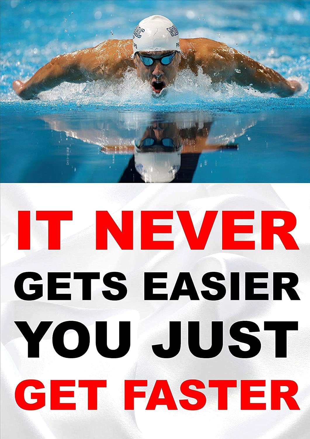 Inspirational Motivational Quote Sign Poster Print Picture(SWIMMING IT NEVER GETS EASIER) SPORTS,LIFE,BOXING, CYCLING, ATHLETICS, BODYBUILDING, TRIATHLON,BASKETBALL, FOOTBALL, RUGBY, SWIMMING, MARTIAL ARTS ETC ETC