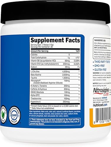 Miniatura 5 de Nutricost Polvo complejo pre-entrenamiento (30 porciones, mango melocotón) - Suplemento preentrenamiento con beta-alanina, taurina y aminoácidos