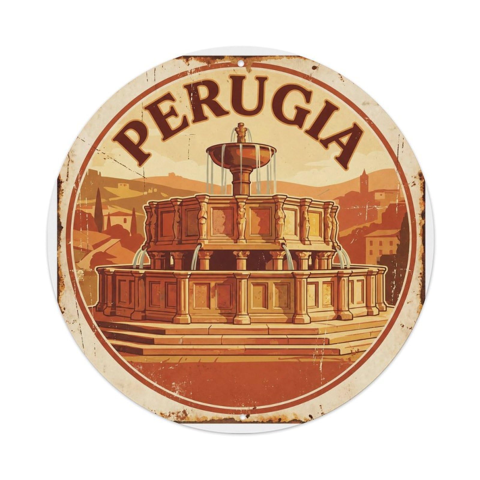 Perugia Fountain Landmark Destination Scenery City Europe Metal Tin Sign Plaque Wall Decor for Cafe, Man Cave, Club Bar, Office, Home Garden Round Metal Poster 8x8Inch