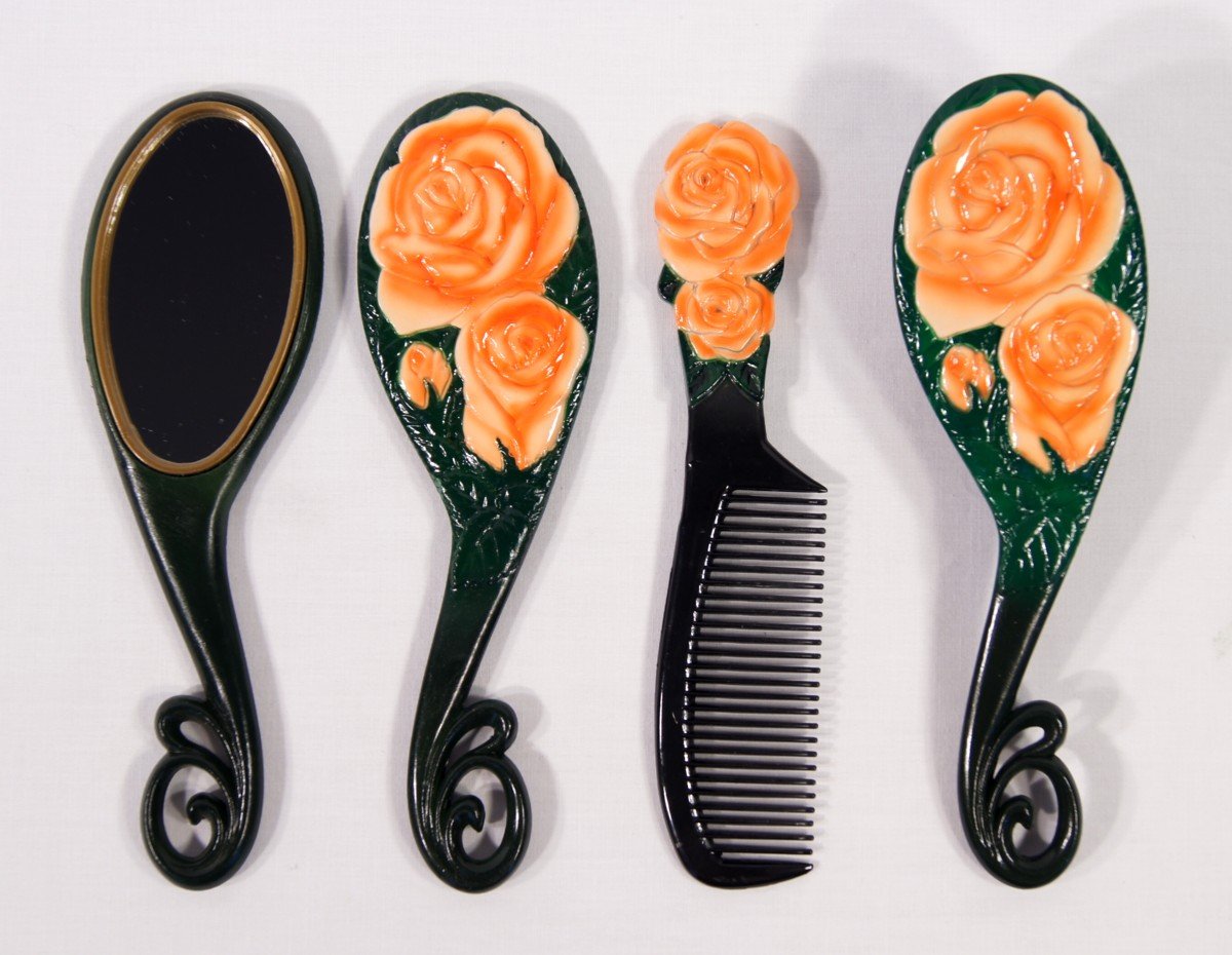 Handpainted Orange Rose Flower Hair Brush Mirrow Comb Set
