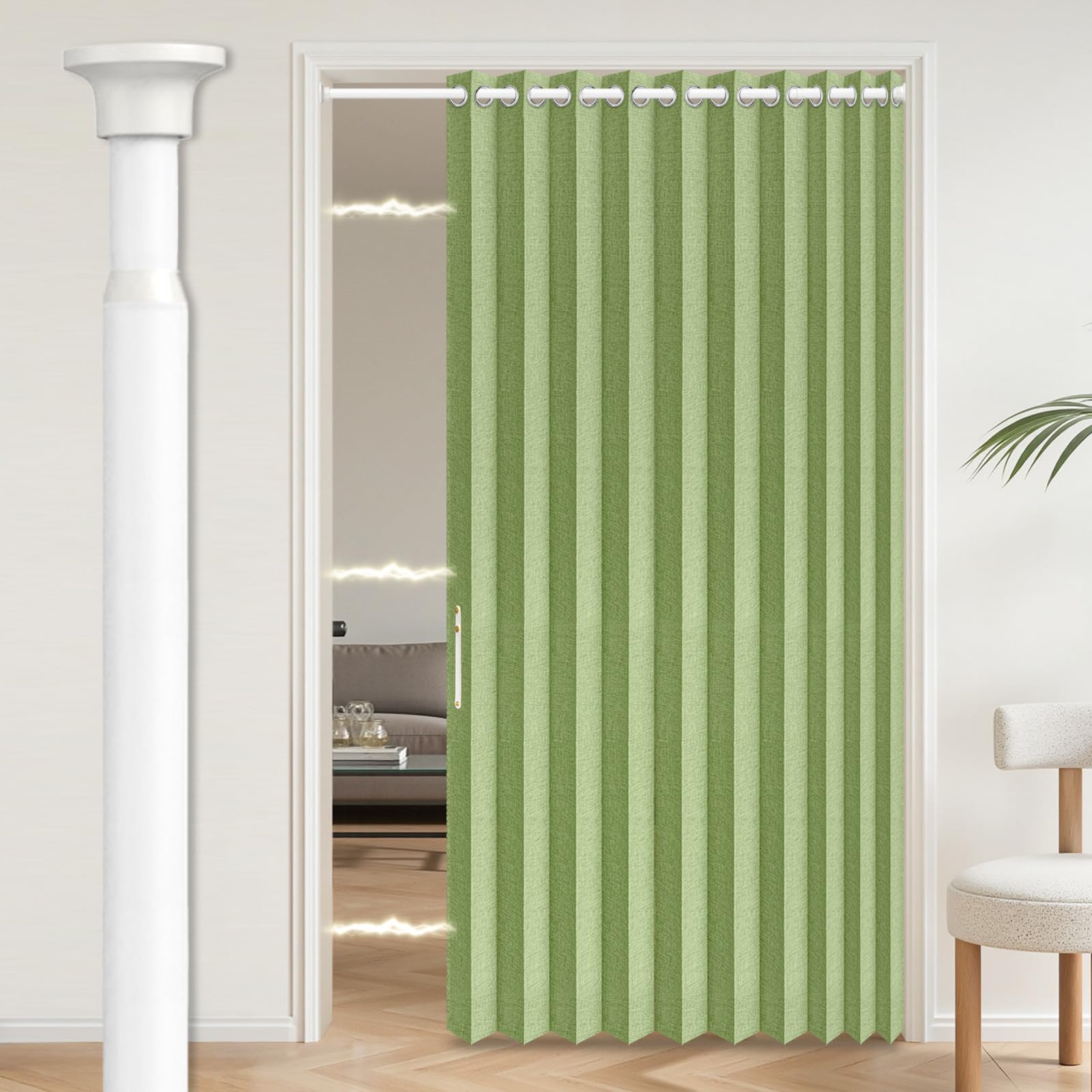 AJAZZ Blackout Accordion Door with Curtain Rods Adjustable 28-52" Long, Invisible Folding Accordion Doors Interior Magnetic Door Curtain for Bedroom Doorway Curtain Set, 1 Pack, W55 x L80 in, Green
