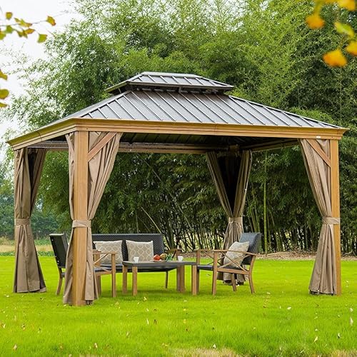 10' X 12' Hardtop Gazebo with Light Galvanized Steel Double Roof Outdoor Gazebo for Patio Lawn and Garden Grey