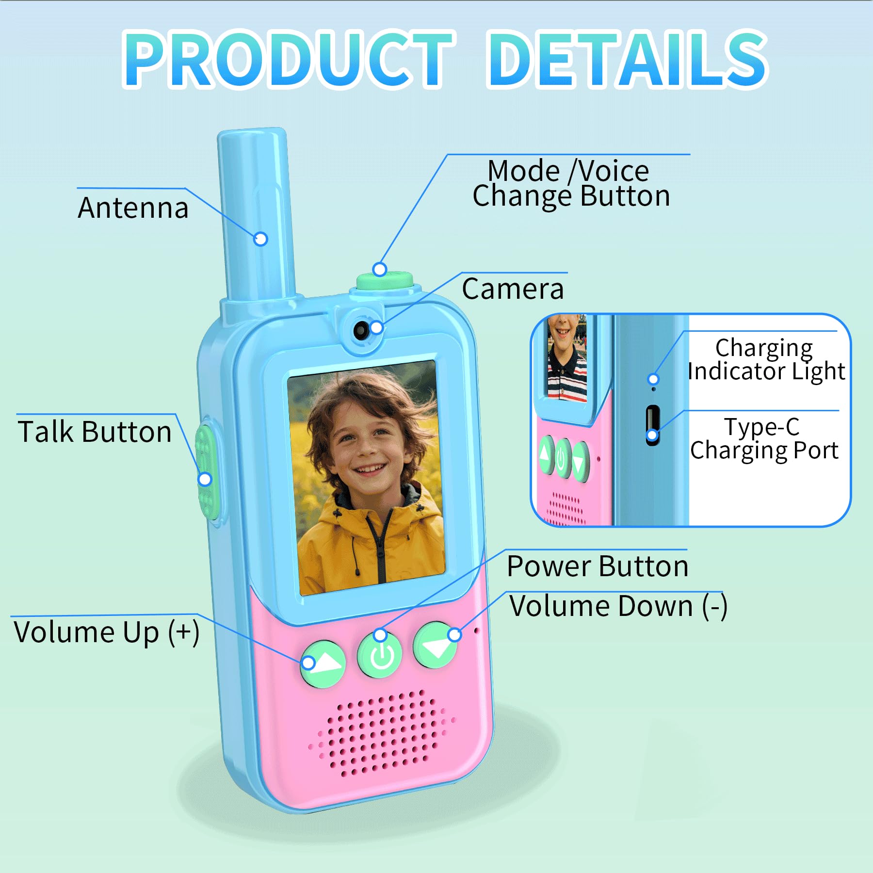 Video Walkie Talkie Kinder 2er Set,Kinder Walkie Talkies mit 4 Stimmeffekten&HD-Kamera,Walky Talky Kinder Aufladbar mit Weihnachten Geschenk Spielzeug3-12Jahren (Rosa-Blau)