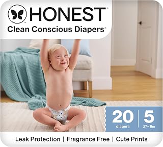Honest Company Clean Conscious Diapers Size 5 Sensitive Skin Hypoallergenic Fragrance-Free Leak Proof Pawty Print 20 Ct