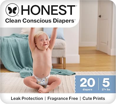 The Honest Company Comfort Dry Disposable Daytime Diapers for Sensitive Skin, Hypoallergenic, Fragrance-Free, Its a Pawty, Polybag Size 5 27 lbs, 20 Count