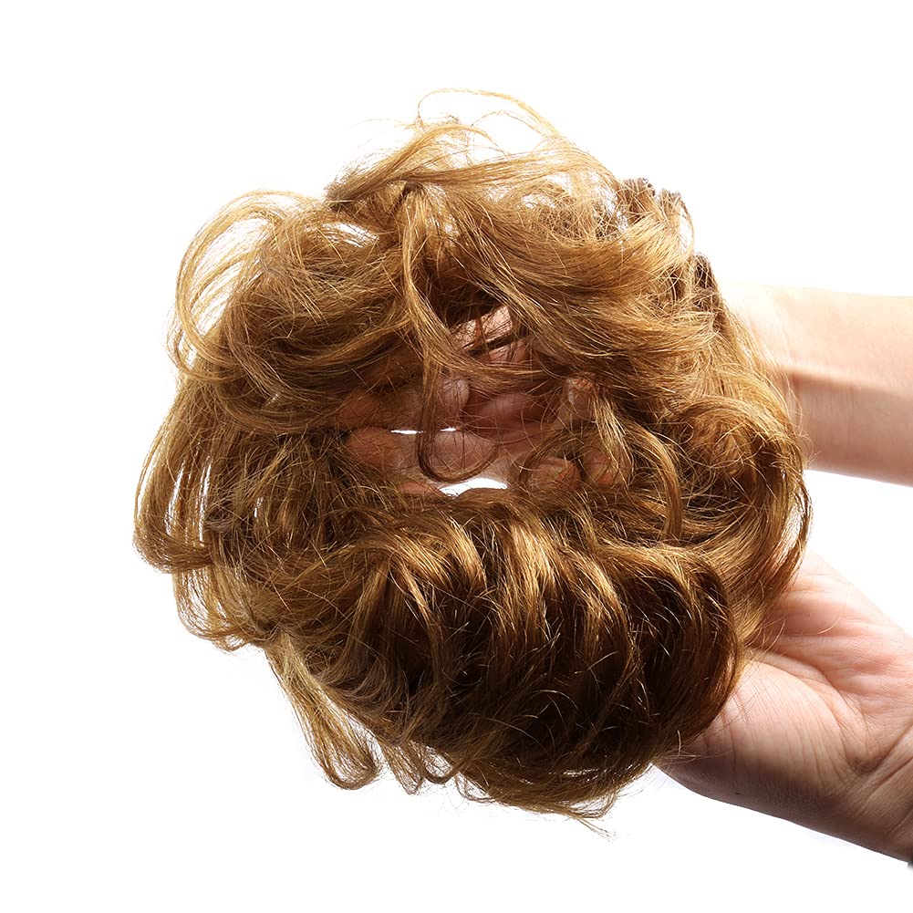 Bella Hair 100% Human Hair Scrunchies for Women Messy Bun Hair Piece Wavy/Curly Up-Do Ponytail Extension (#30 Medium Auburn/Red Brown)