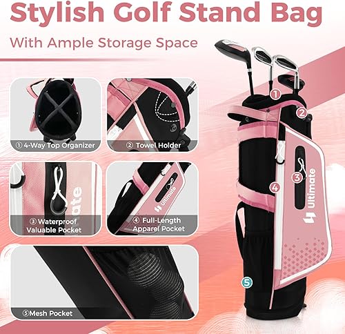 Miniatura 5 de Goplus Junior - Juego completo de palos de golf para niños, palos de golf para mano derecha con bolsa de soporte, capucha para lluvia, juego de