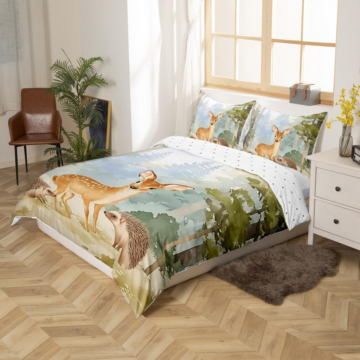 jejeloiu Cute Deer Hedgehog Duvet Cover Toddler Size Kids Woodland Animal Comforter Cover Set for Boys Girls Teens Wild Animals Bedding Set Nature Wildlife Tree Bedspread Cover Room Decor Quilt Cover