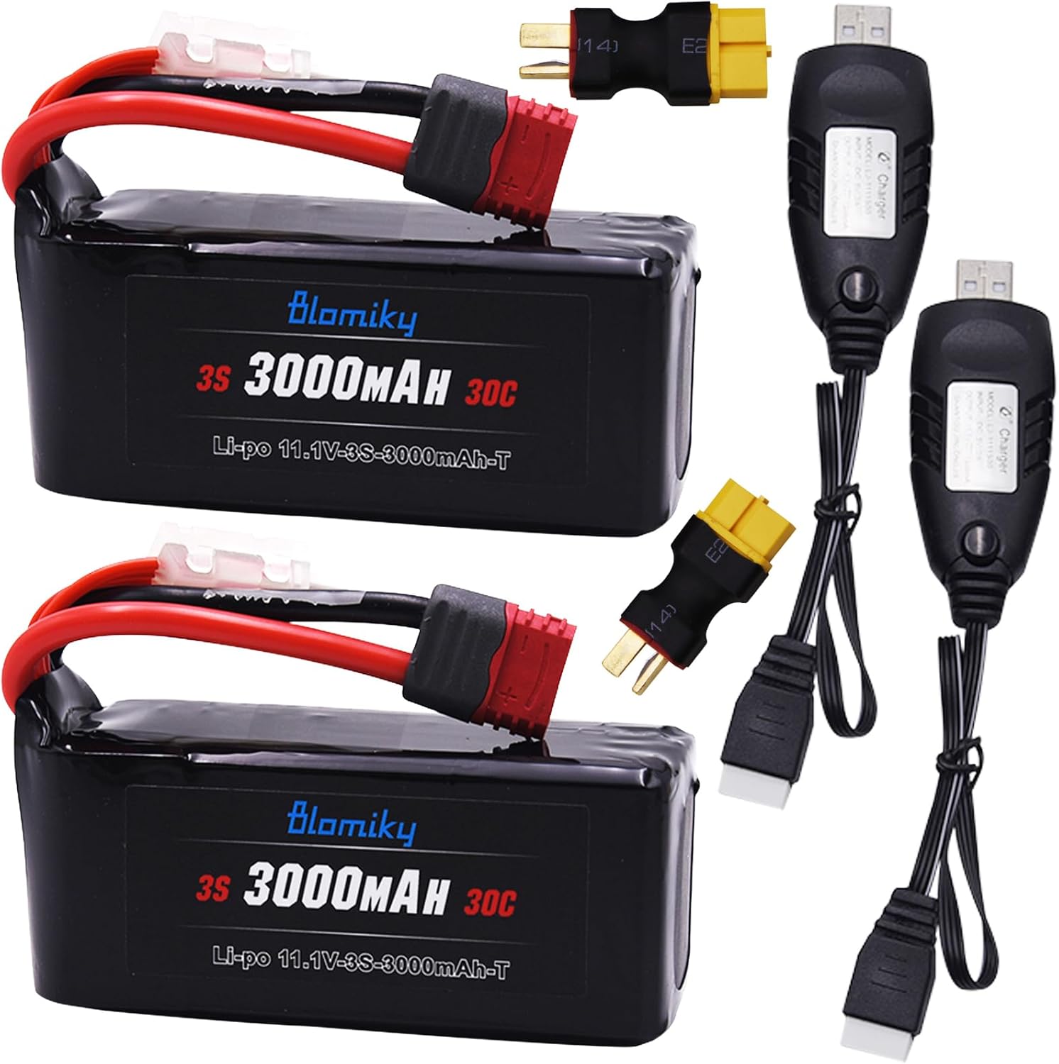 Blomiky 2 Pack 11.1V 3000mAh 33.3Wh 30C Li-Po Rechargeable T Plug Shorty Battery with XT60 Converter and Cable Suitable for Some 1/8 1/10 1/12 1/14 H14BM RC Cars /11.1V 3000mAh T 2