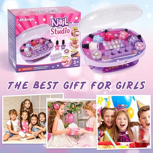 Miniatura 3 de Golray Juego de esmaltes de uñas para niñas todo en uno, kit de arte de uñas para niños, secador, polvo con purpurina, uñas postizas, calcomanías de