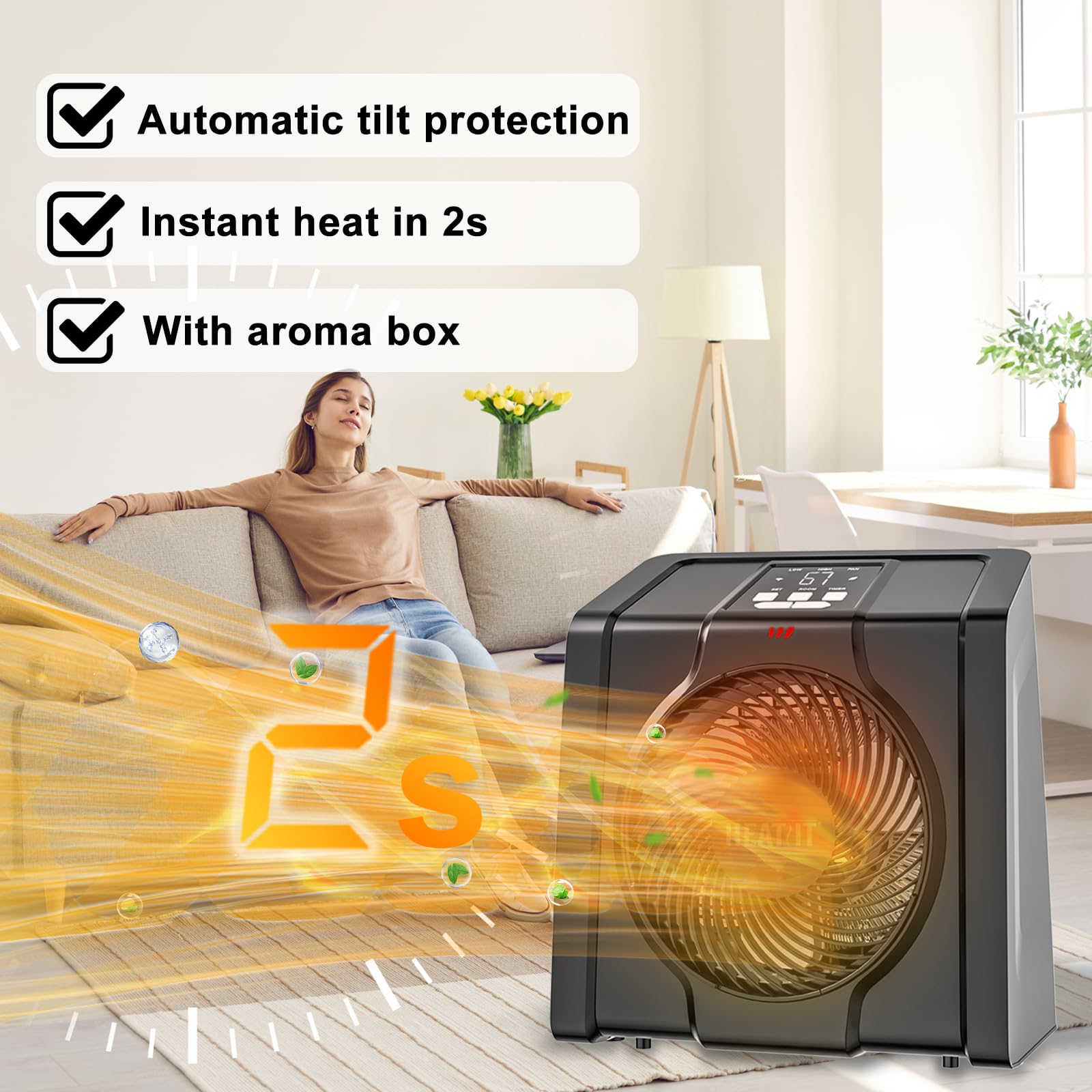 Calentador de espacio para interiores, pantalla digital con termostato, temporizador de 1-12 horas, modo de ventilador, 1500 W/750 W, calentador eléctrico para oficina, dormitorio, negro, 10.6 2