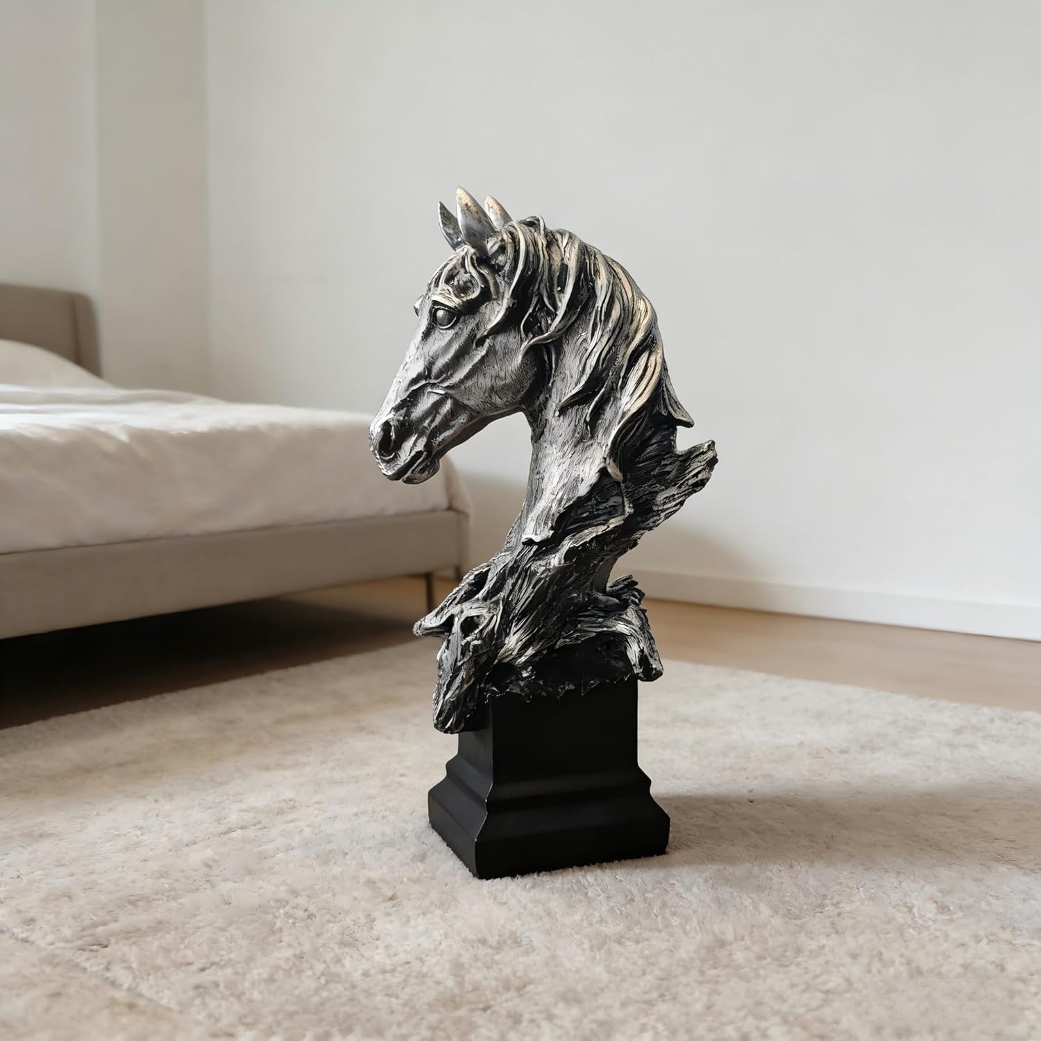 Creative Art Retro Horse Head Ornament 11.42" Resin Silver Statue Ornaments,Abstract Style Sculptures,Living Room Dining Desk Decorations,Bookshelf Decorative
