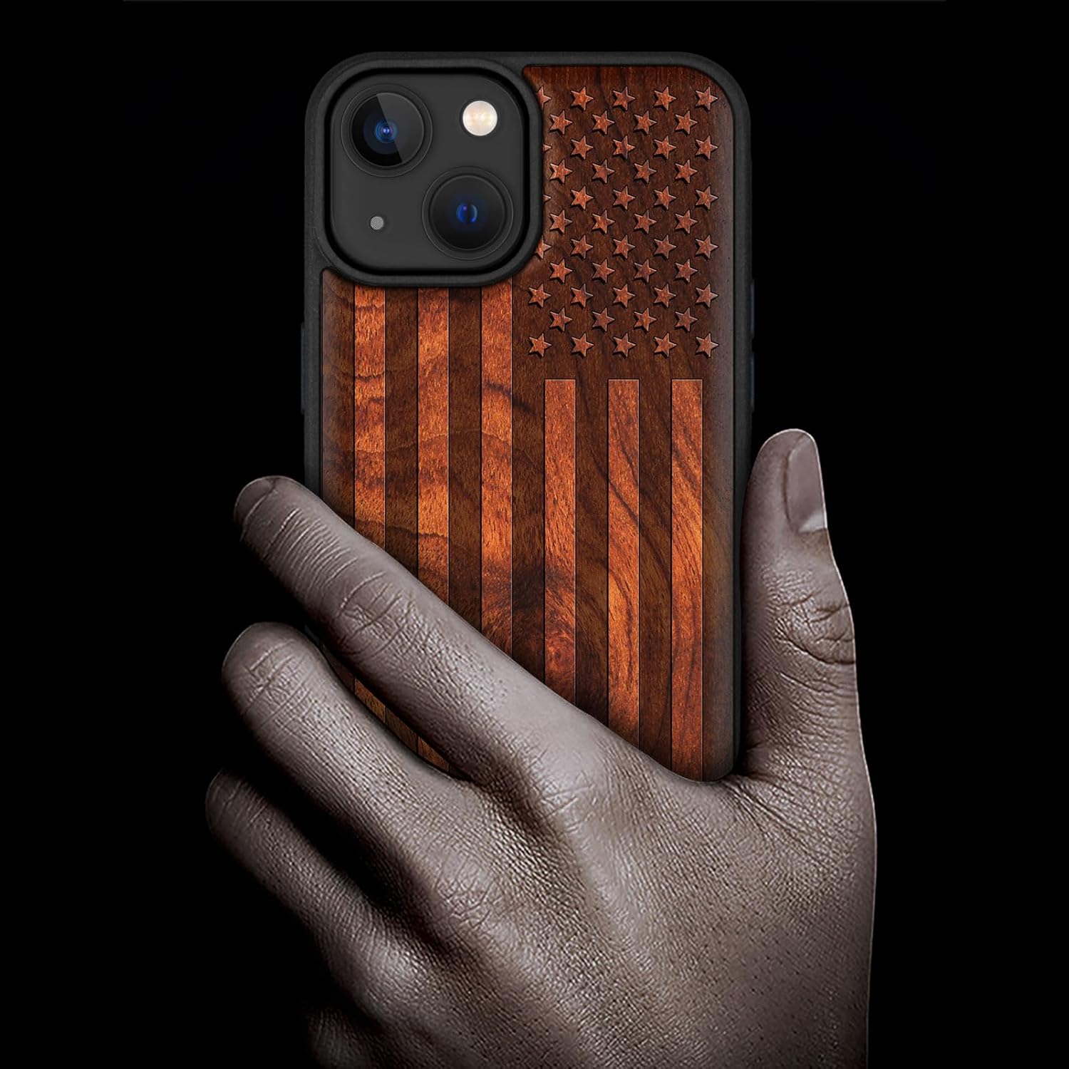 Carveit Magnetic Wooden Case for iPhone 15 Case, Compatible with MagSafe Wireless Chargers, Black Soft TPU Shockproof Cover & Wood Artisan Engraved (American Flag) - Rosy