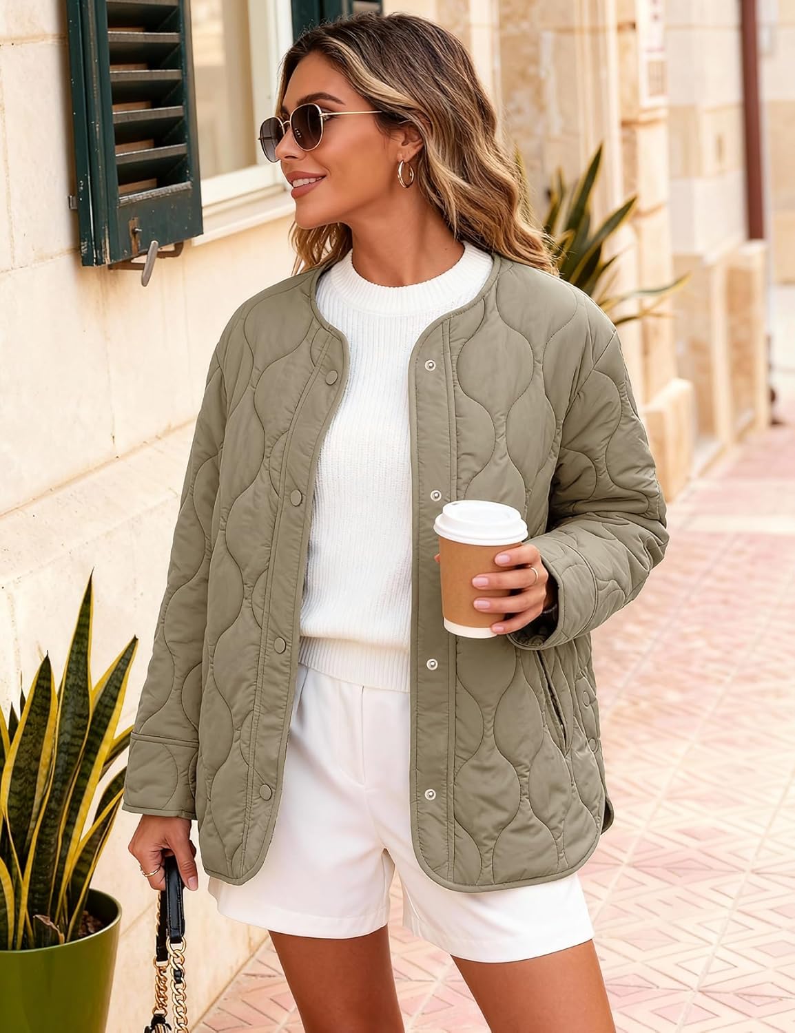 Flygo Women's Oversized Quilted Lightweight Jacket Button Down Puffer Padded Outerwear with Pocket(Khaki-M) - Image 3