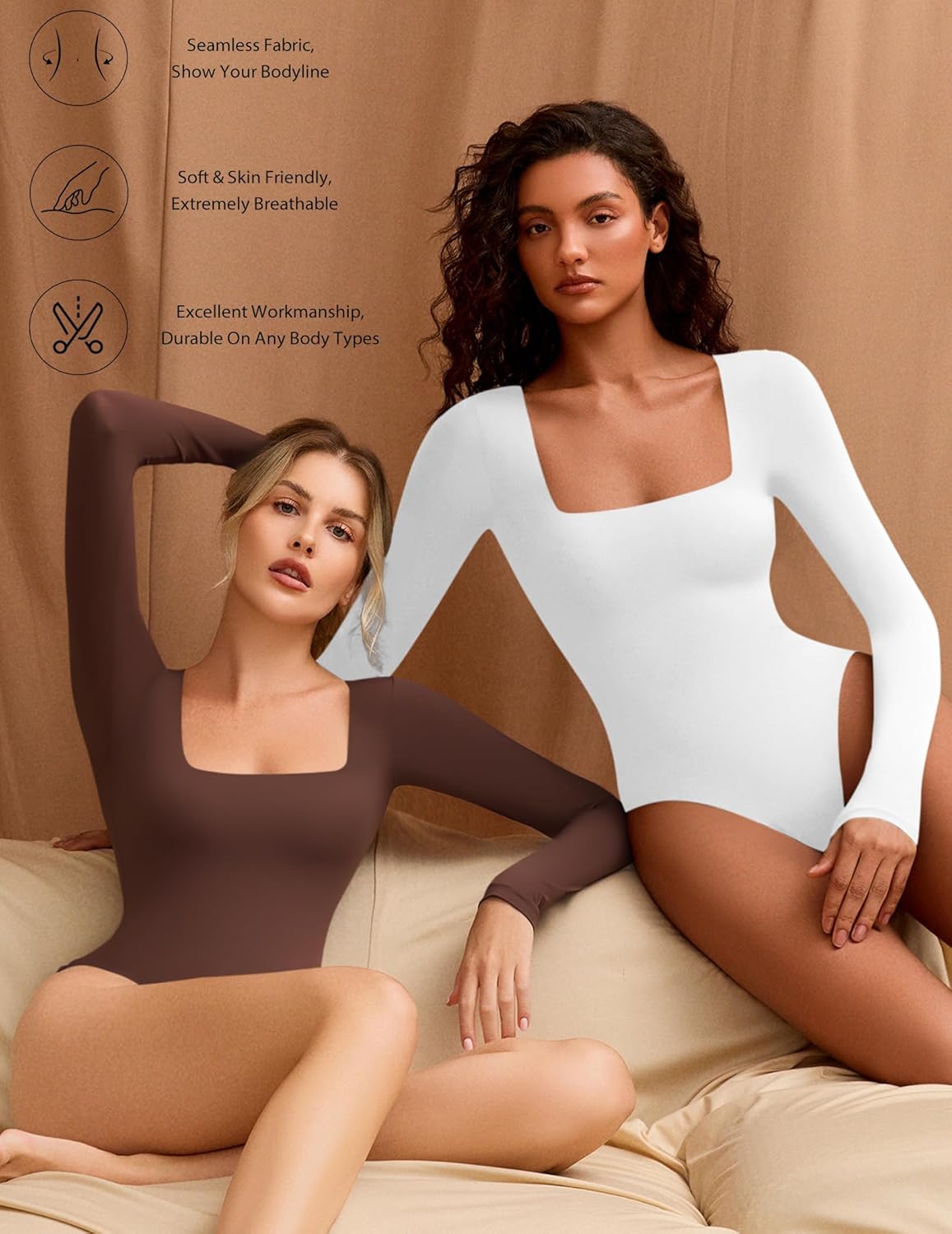 Avidlove Women's Long Sleeve Bodysuit Double Lined Square Neck Body Suit Tops Snap Closure Soft - Image 3