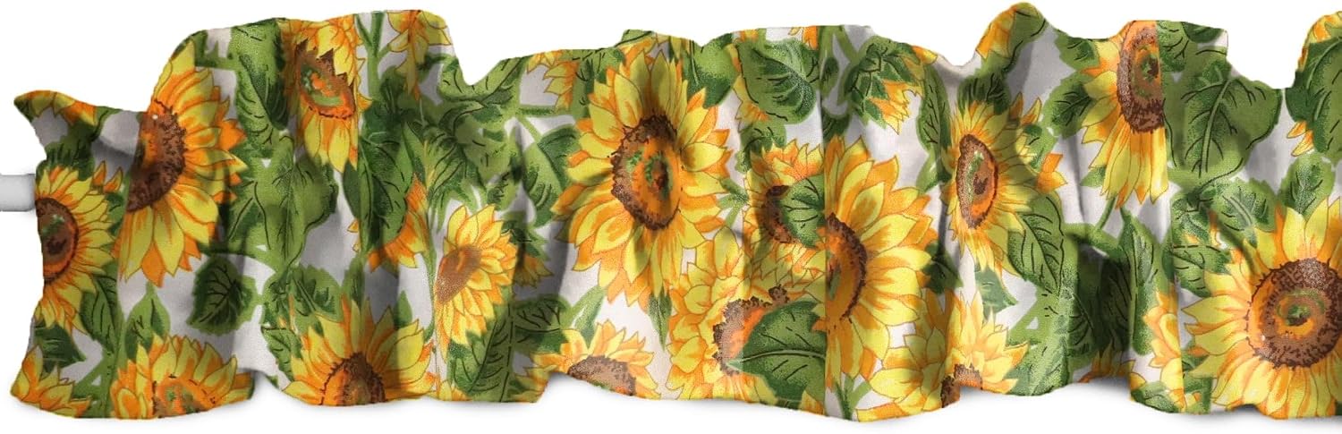 lovemyfabric Sunflowers Print Cotton Curtain Sleeve Topper with Top and Bottom Ruffles/Home Decor Window Treatment (58" Wide x 5" Tall, Sunflower Fields)