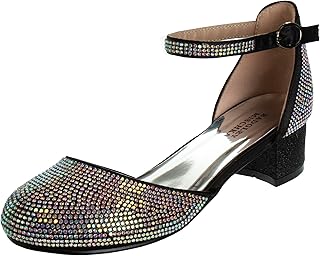 Girls Dress Block Medium Heel Party Pumps - Closed Toe Ankle Strap High Heels for Girl - Black/Silver/Champagne/Rose Gold (Sizes 11-13 Little Kid/Sizes 1-5 Big Kid)