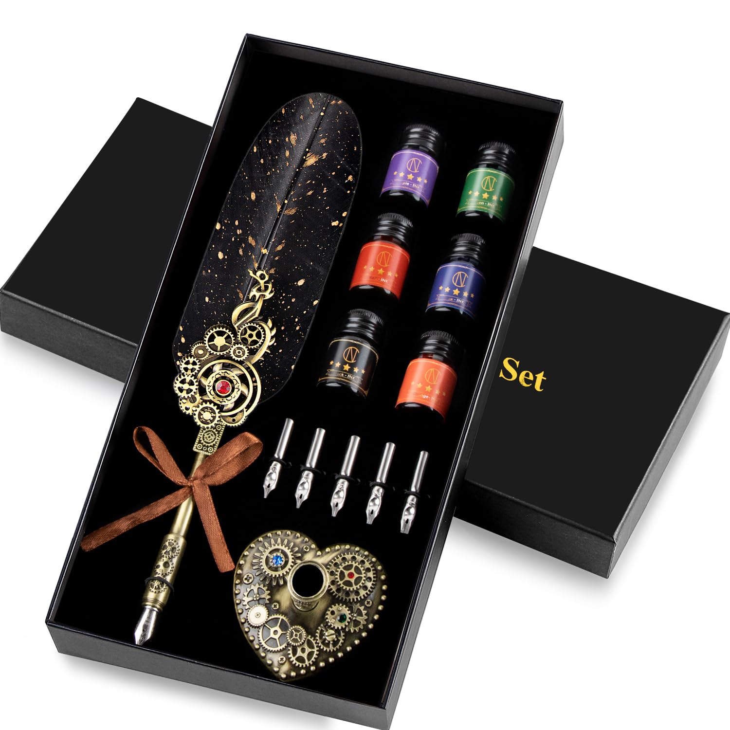 NC Quill Pen Ink Set - Includes Quill Pen and 6 Color Ink Bottles, 5 Replaceable Nibs, Pen Holder - Calligraphy Set, Ideal Gift for Holidays (Black)