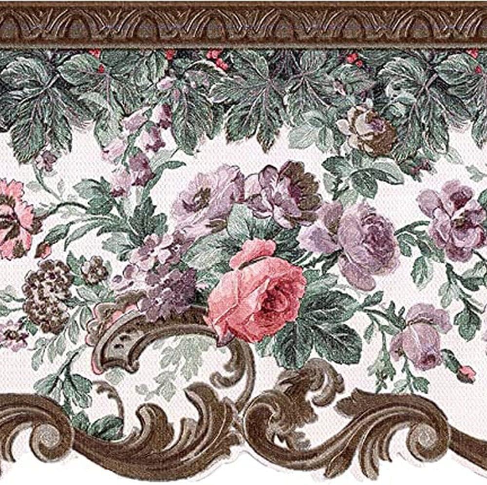 CONCORD WALLCOVERINGS ™ Vintage Rose Floral Wallpaper Border, 6.75" x 15' Traditional Dining Room, Kitchen & Living Room Decor, with Pink & Sage Floral Design, Prepasted Washable Vinyl #87954DC