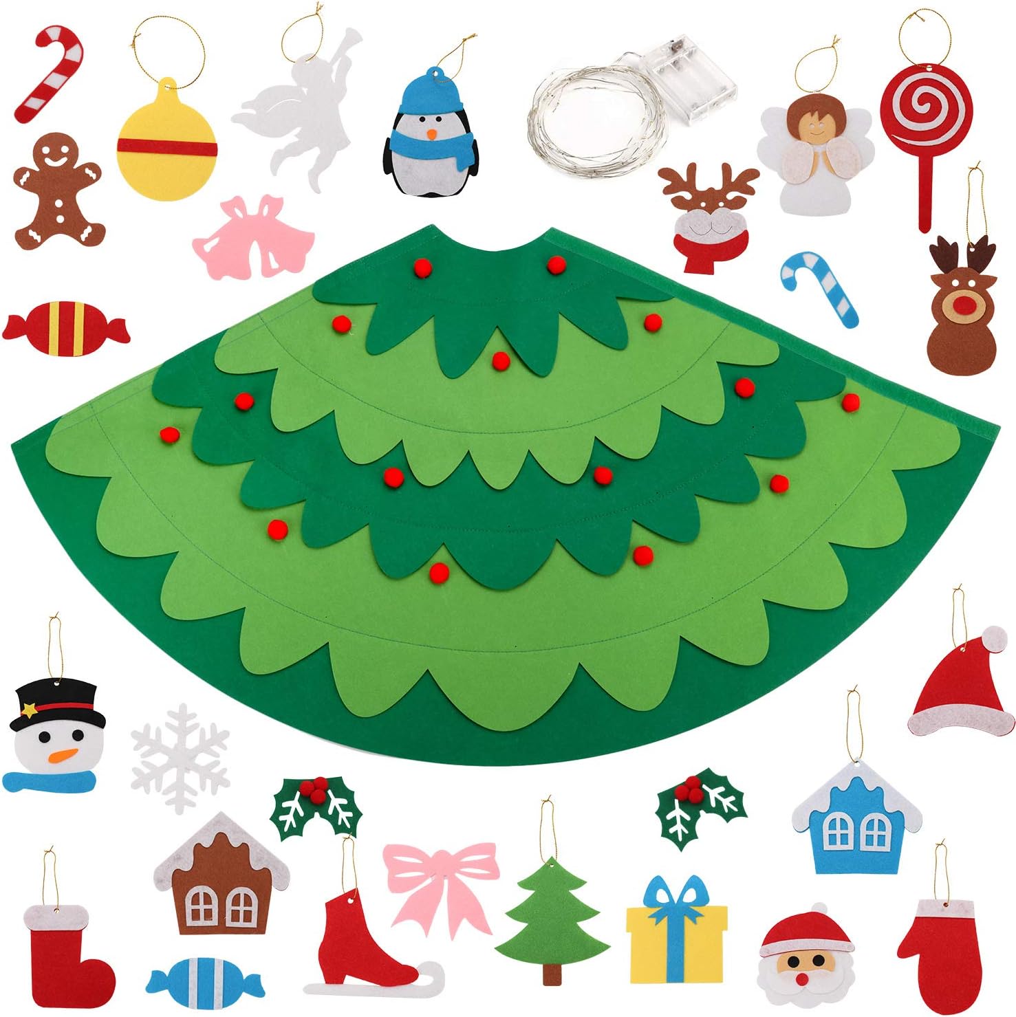 3D Felt Christmas Tree, Outgeek 2.3Ft DIY Xmas Tree with 28PCS Detachable Ornaments and Light String Xmas Gifts for Kids Toddler Christmas Decoration (3D Christmas Tree)