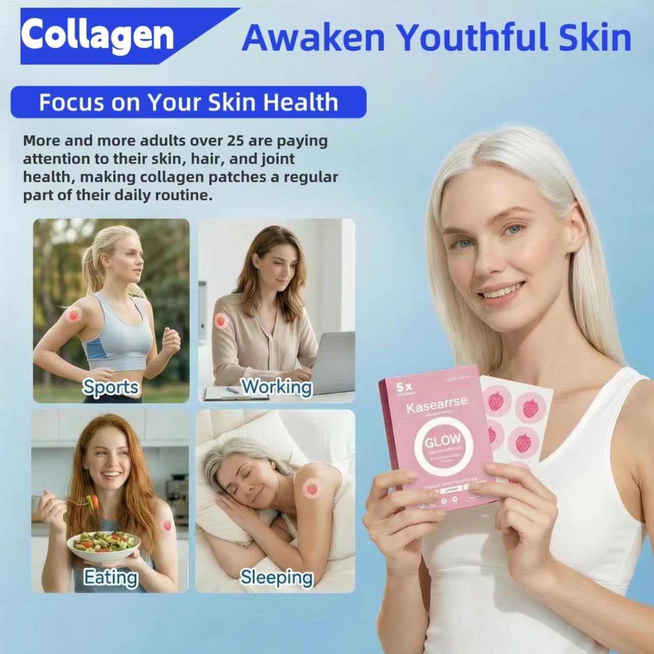 Collagen Patches for Women & Men with Vitamin C and Hyaluronic Acid -60 Patches, Premium 8-Hour Extended-Release Formula, Vegan Daily Patch