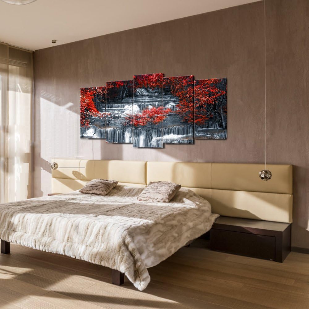 Visual Art Decor 5 Pieces Large Black and Red Canvas Wall Art Waterfall Nature Landscape Picture Print, Living Room Office Decoration Framed Ready to Hang