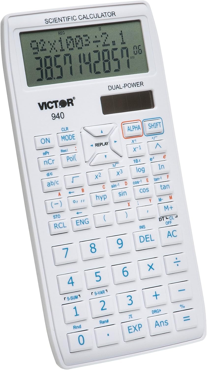 Victor 940 10-Digit Advanced Scientific Calculator with 2 Line Display, Battery and Solar Hybrid Powered LCD Display, Great for Students and Professionals, White