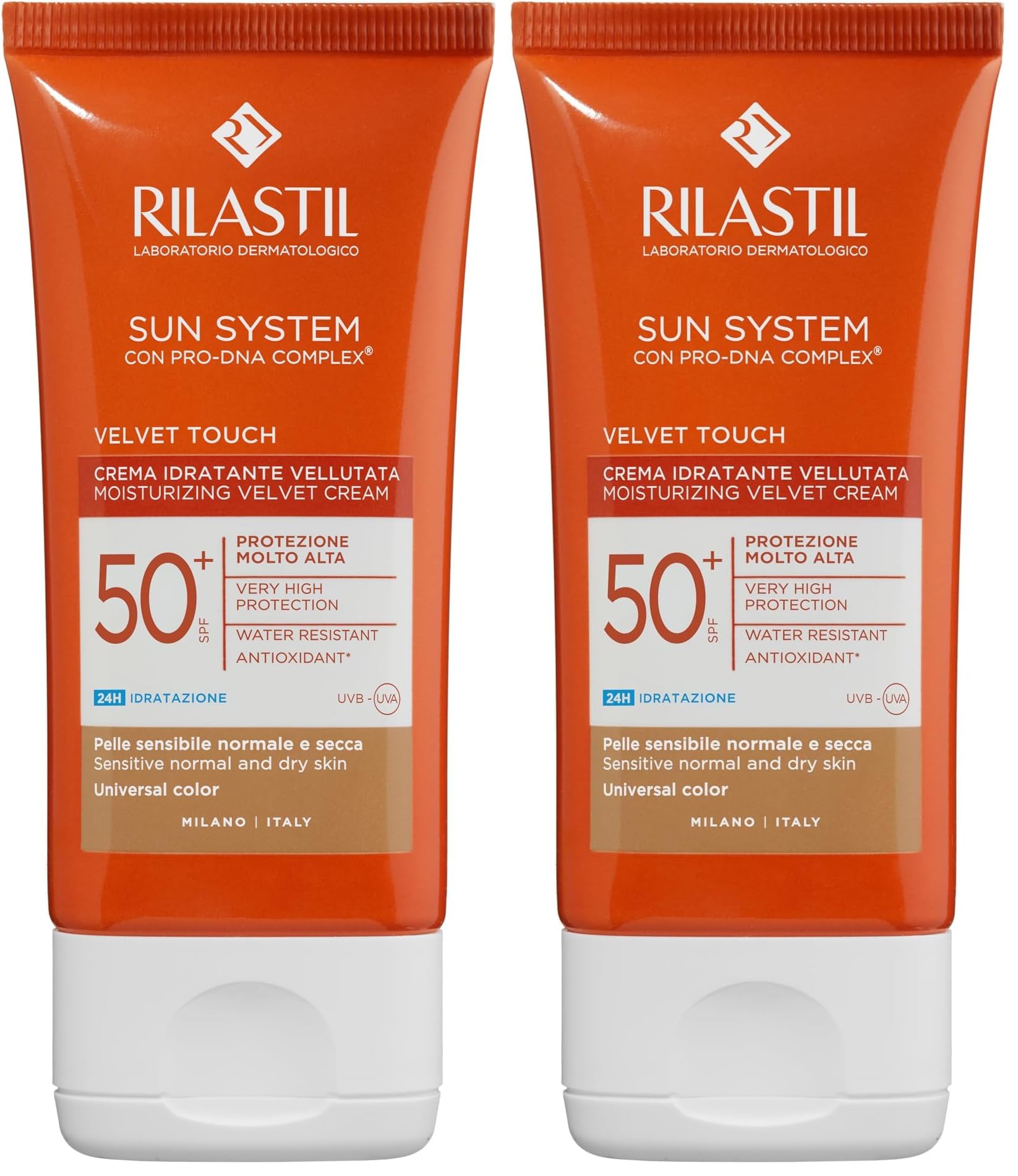 Rilastil Velvet Touch 50+ samtige Feuchtigkeitscreme, Sonnencreme für Gesicht und Feuchtigkeitspflege, Universalfarbe, Packung mit 50 ml