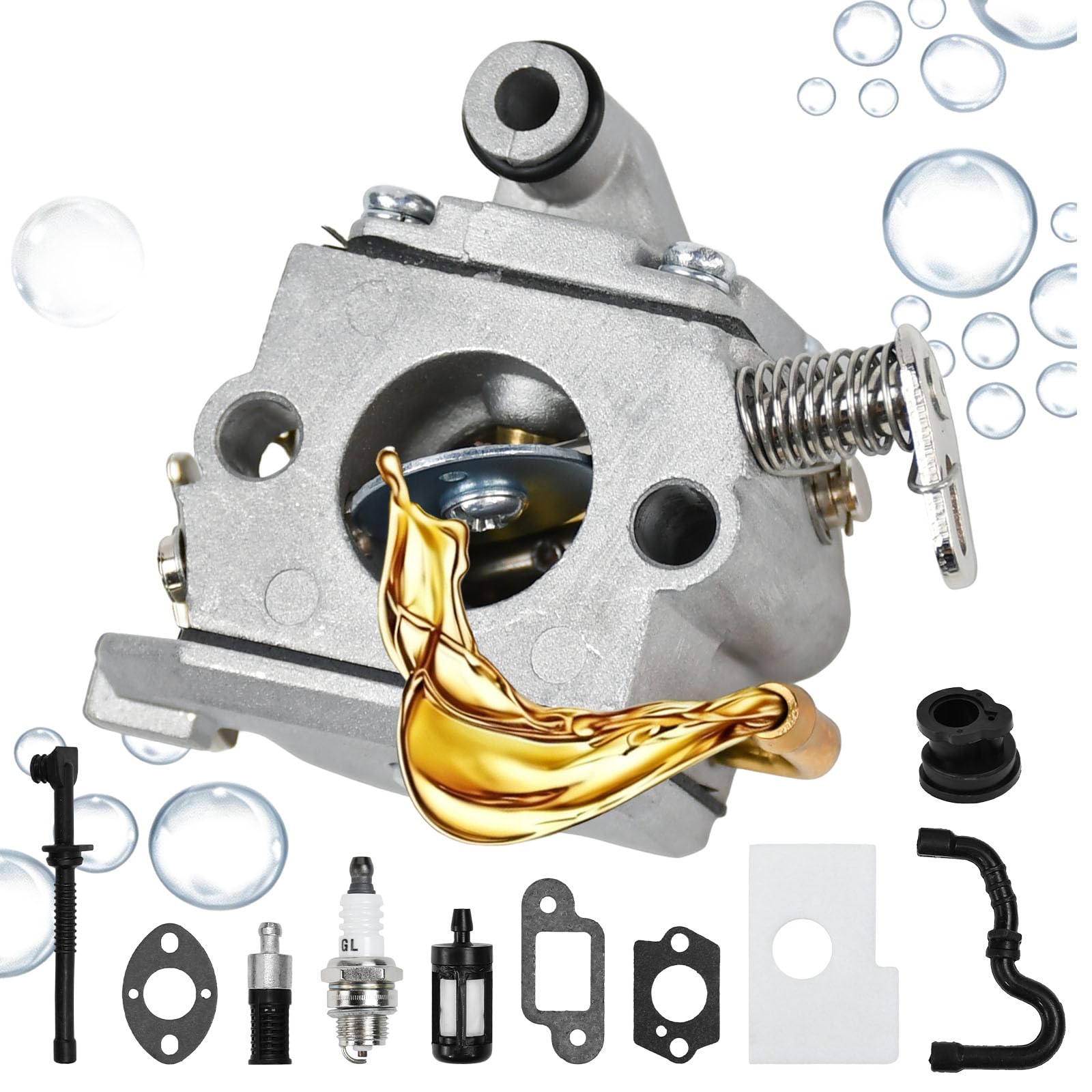 Carburador para Desbrozadora, Compatible con STIHL MS170 180 017 018, Kit Recambios Carburetor con 3 Juntas, Esponja, Filtro de Aire, Filtro de Combustible, Bujía, 2 Mangueras, Tubo de Admisión