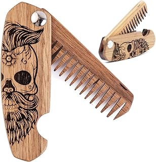 Enjoy The Wood Beard Comb for Men, Folding Pocket Beard Accessories for Men, Engraved Walnut Wooden Comb for Moustache, Beard & Hair For Him (Half Skull)