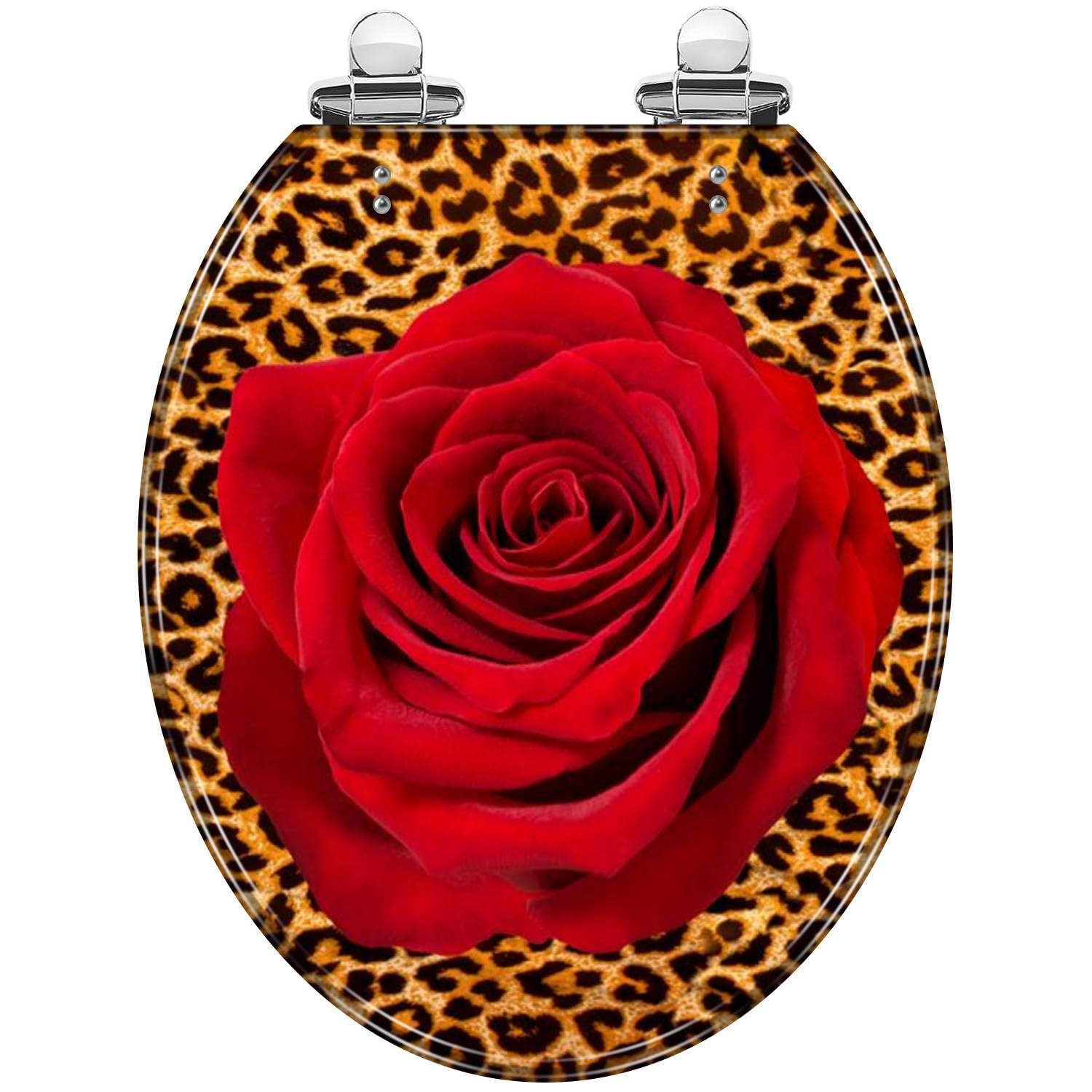 Round Toilet Seat Red Rose on Leopard Print Background Resin Toilet Seat with Quietly Close Quick Release Hinges Decorative Toilet Seat with Cover Easy to Clean and Install